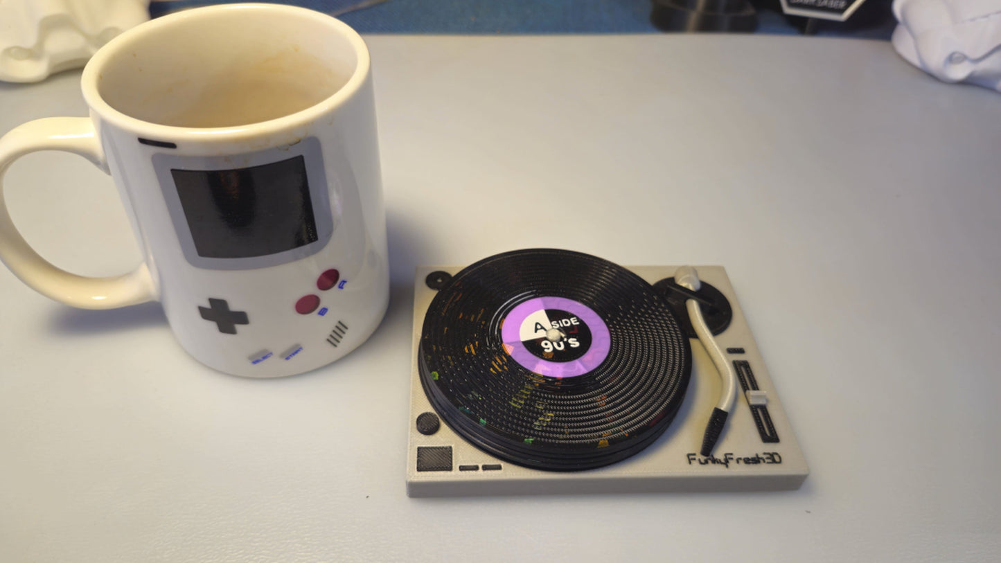 Vinyl Record Coasters with MK2 Turntable Base – Set of 4 | 3D Printed