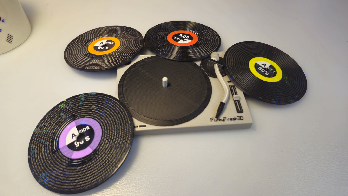 Vinyl Record Coasters with MK2 Turntable Base – Set of 4 | 3D Printed