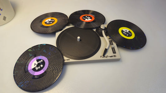 Vinyl Record Coasters with MK2 Turntable Base – Set of 4 | 3D Printed