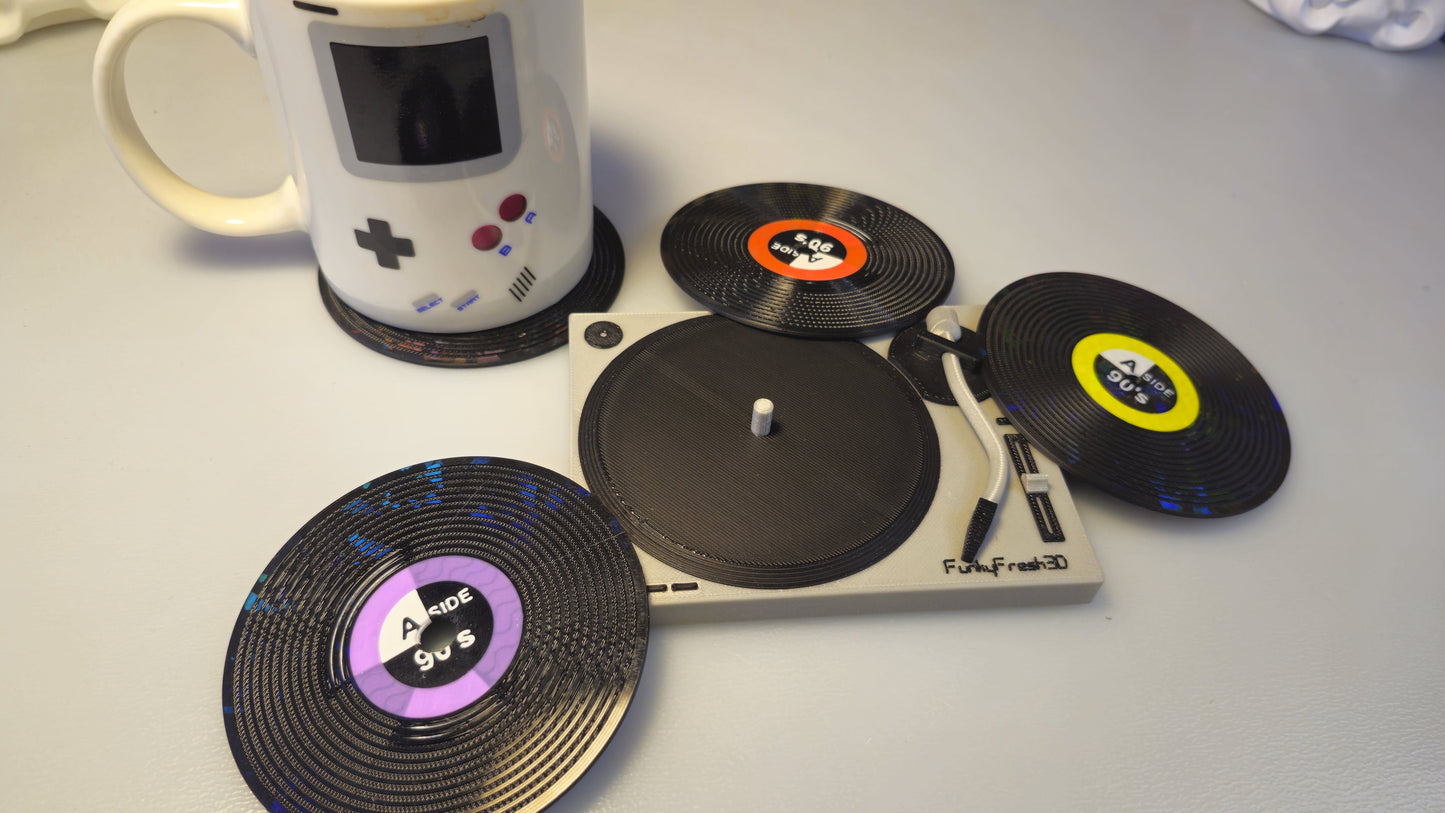 Vinyl Record Coasters with MK2 Turntable Base – Set of 4 | 3D Printed