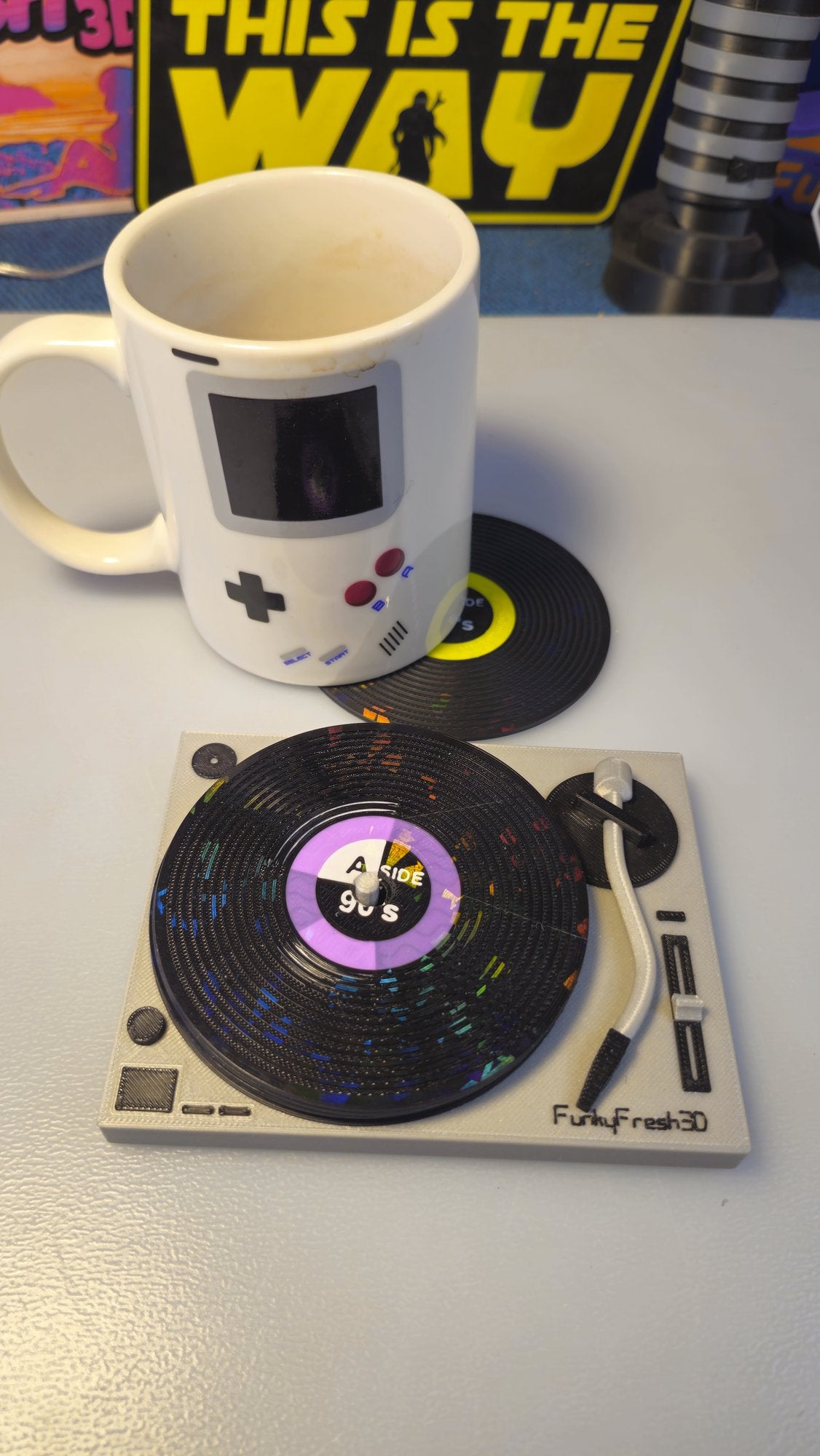 Vinyl Record Coasters with MK2 Turntable Base – Set of 4 | 3D Printed