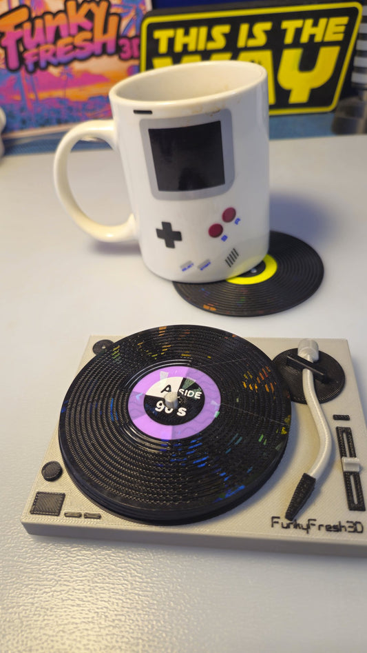 Vinyl Record Coasters with MK2 Turntable Base – Set of 4 | 3D Printed