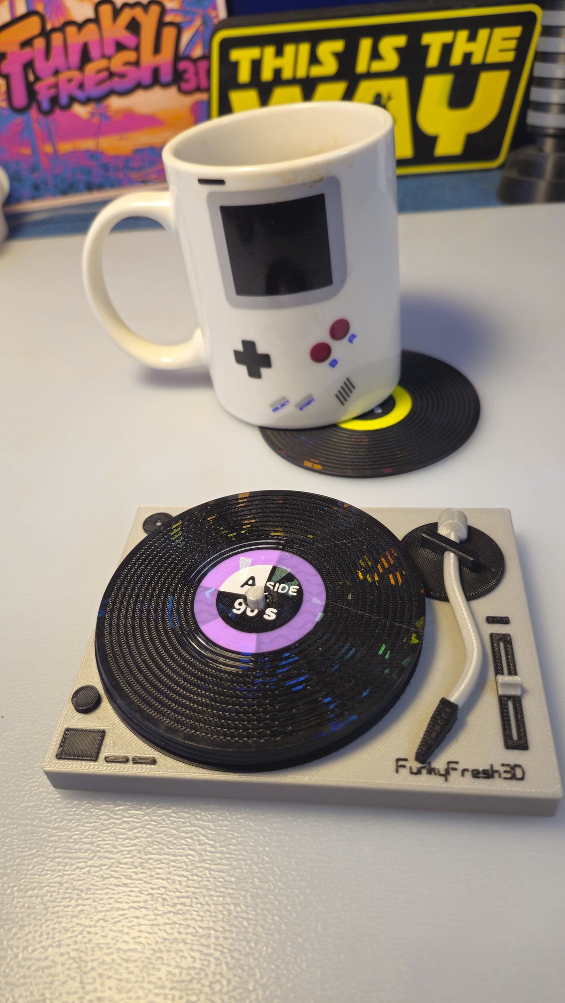 Vinyl Record Coasters with MK2 Turntable Base – Set of 4 | 3D Printed