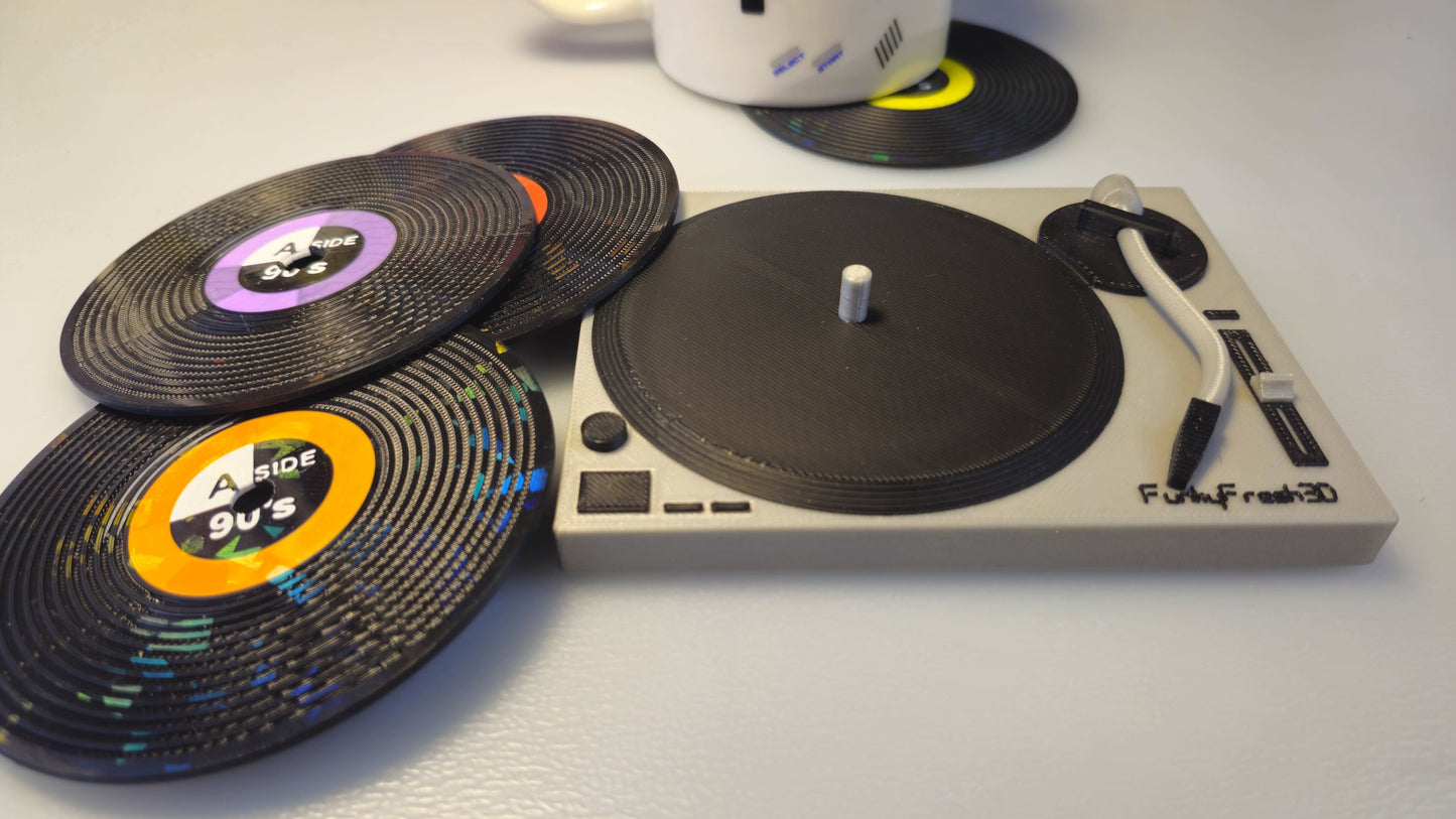 Vinyl Record Coasters with MK2 Turntable Base – Set of 4 | 3D Printed